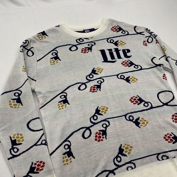 Miller Lite Sweater Mens XL Gray White Holiday Lights Hops Ugly Christmas Beer - Picture 2 of 8